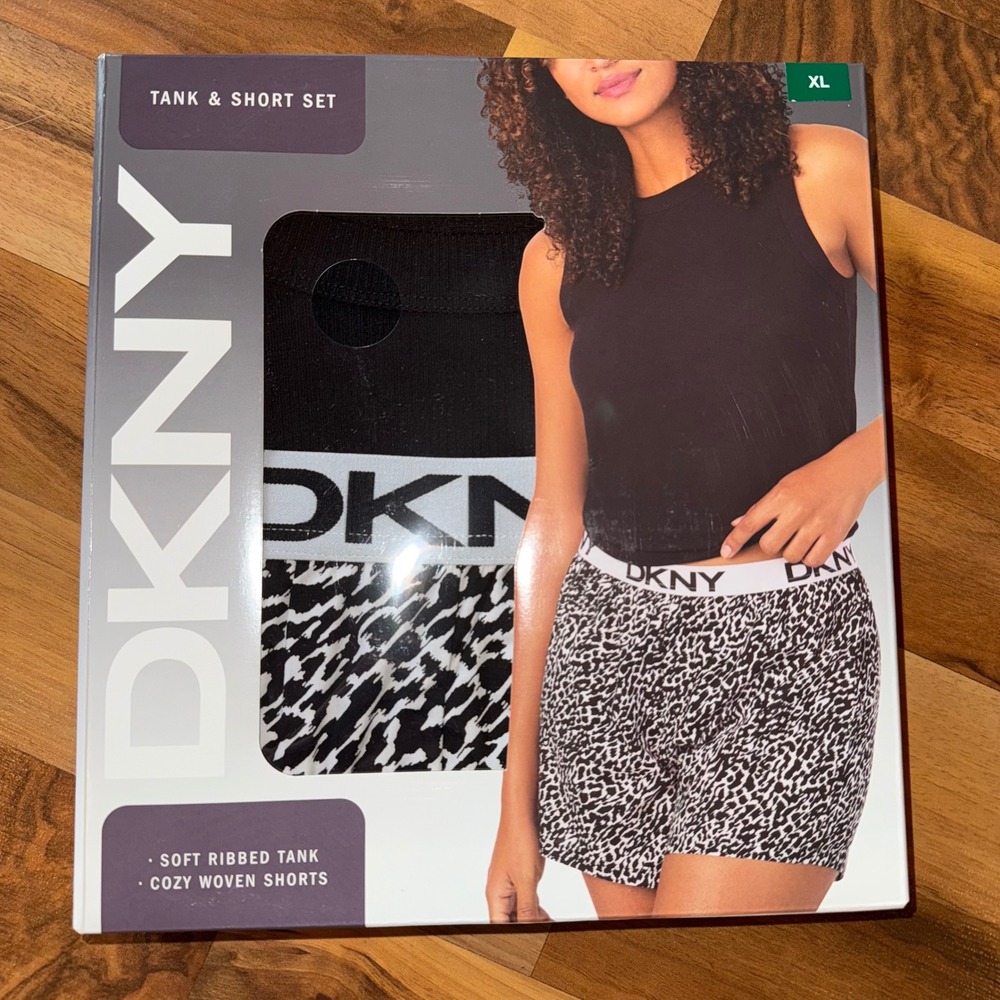 DKNY Womens Tank & Short Set XL Black Ribbed Cozy Loungewear Leopard sleep NEW